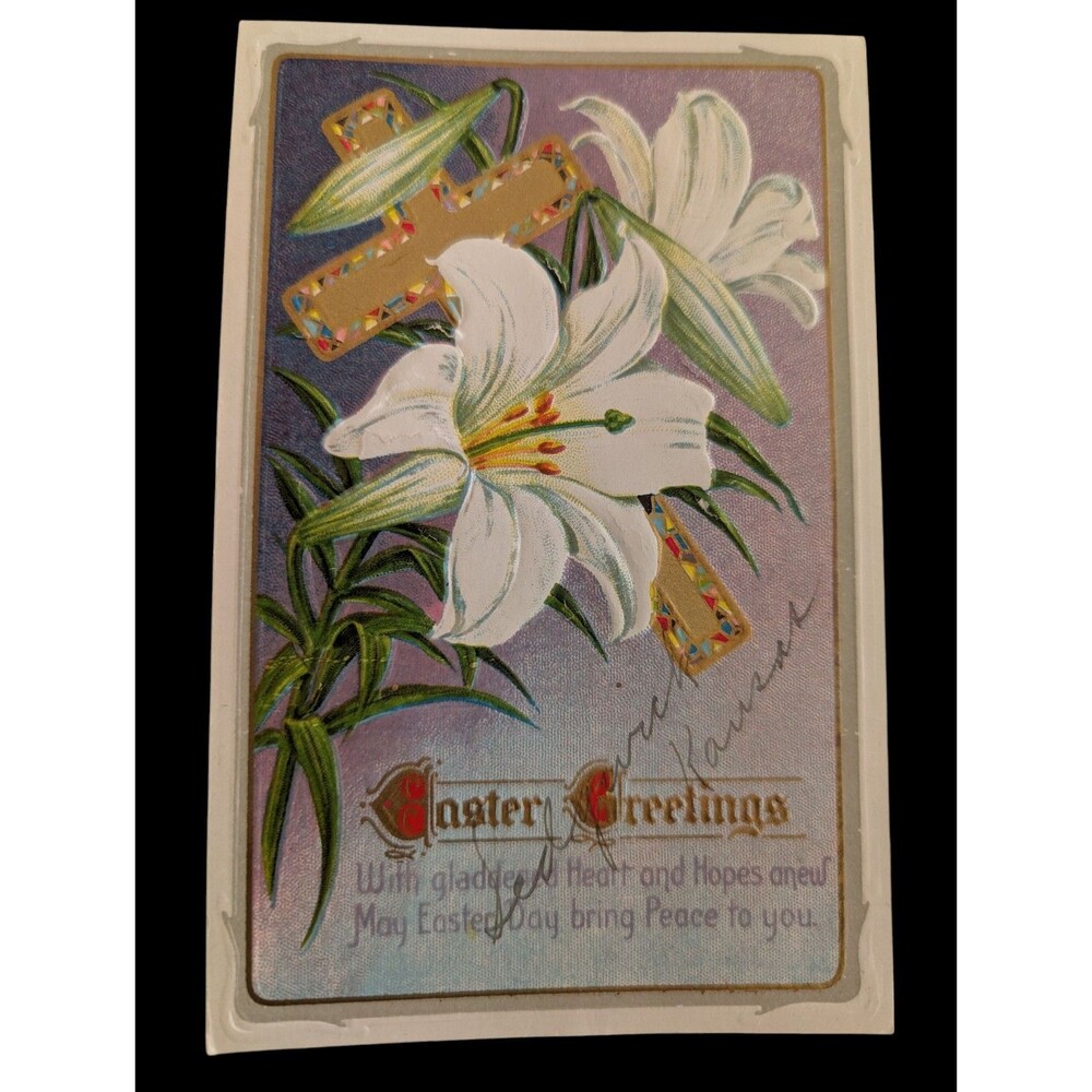 1914 Easter Lily and Stainglass Cross Divided Back Embossed Postcard Grandma